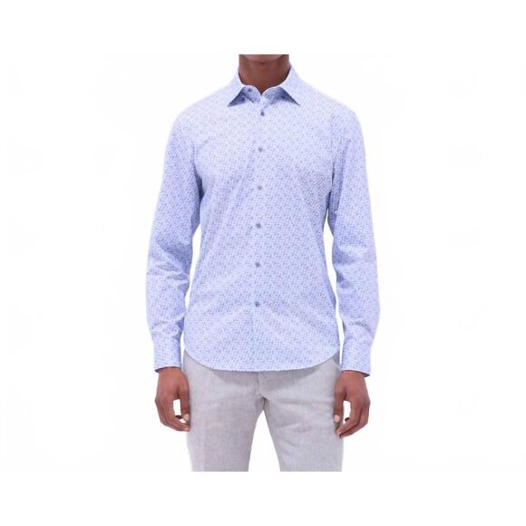 NEW BUGATCHI UOMO jules geometric oooh cotton shirt in air blue